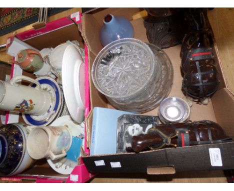 Two boxes of ceramics and glassware, including oil lamp base, collectors plates, etc (two boxes) 