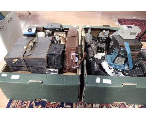 Two box of vintage cameras, includes Brownies, Vest Pocket, Misget, Coronet Cameo, Werra, Nikon,m Ensign, Lubitel with cases 