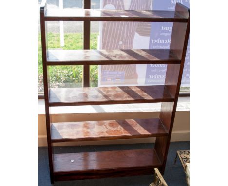 An oak open bookcase, with five shelf tiers
