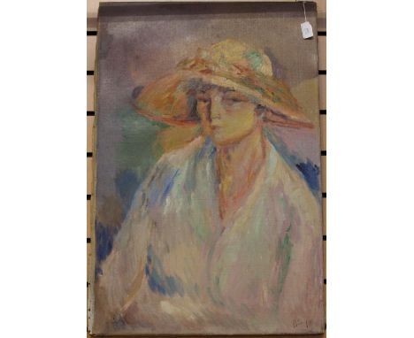 An oil on canvas unframed portrait (signed Biny) of a Lady in bloomsbury group style 
