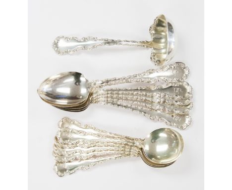 A collection of Whiting Louis XV sterling silver flatware including tablespoons, soup spoons and ladle (13)