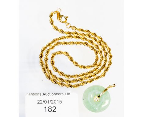 A yellow metal chain necklace, rope twist design 10.5 grams approx; together with a Jade and gold pendant 