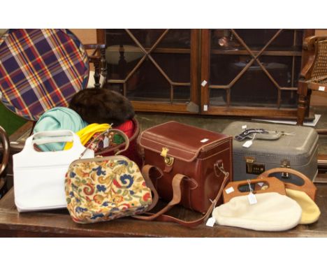 A red moc-croc hat box, with various 1950's/60s hats, including Christian Dior and Harrods; vanity cases and handbags (7)