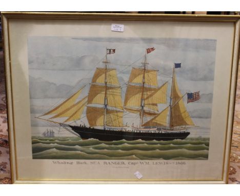 A 19th century hand tinted engraving of the whaling bark 'Sea Ranger', dated 1866, together with a seascape print (2)
