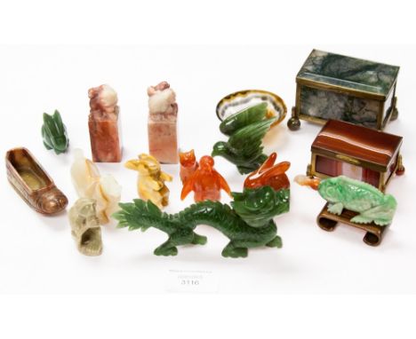 A large collection of jade and agate carved animals etc.