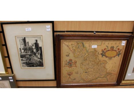 A map of Staffordshire, hand tinted, published by Archibald Fullerton, framed map of Lancaster and an etching of Conway Castl