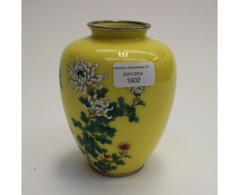 A Japanese Cloisonné yellow ground tapering vase, circa 1920, probably from the Ando factory, 16cm high