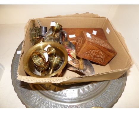 Metalware (brass and Elkington plate) together with treen that includes boxes and miniature carpenter tools, etc (box and Egy