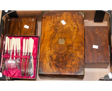 A mahogany tea caddy, walnut writing box and two other boxes 