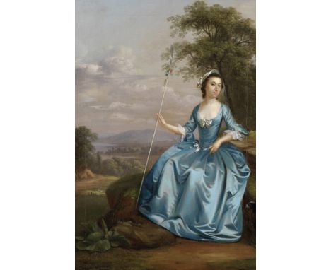 Arthur Devis (Preston 1712-1787 Brighton)Portrait of Mrs Bates as a shepherdess, full-length, seated in a landscape signed an