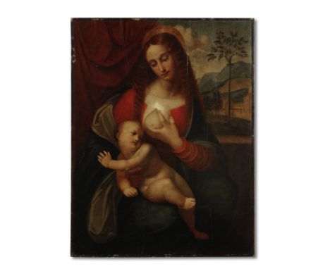 Follower of Leonardo da Vinci (Anchiano 1452-1519 Amboise)The Madonna and Child oil on panel61.8 x 47.2cm (24 5/16 x 18 9/16i