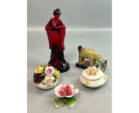 Royal Doulton flambe "The Geisha" no. HN 3229, Capodimonte flower trinket pot, Capodimonte ceramic rose and pottery model of 