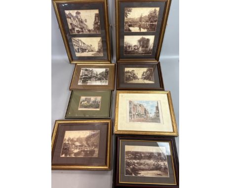 Four framed photographs of Guildford reported to be made from the original photographic plates, with a small engraving of Gui