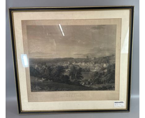 A large framed engraving by J Pye, entitled " A View of Guildford Surrey from the South West" drawn by T. Rufsell c1823, 56 x