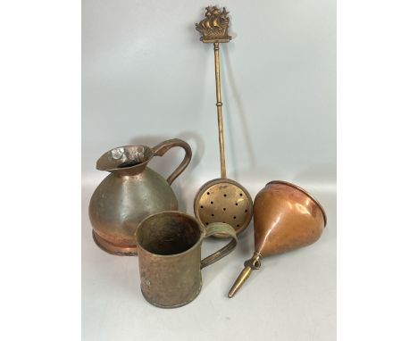 Copper and brass ware including brass chestnut roaster, copper beer makers funnel ( missing tap), large copper tankard and co