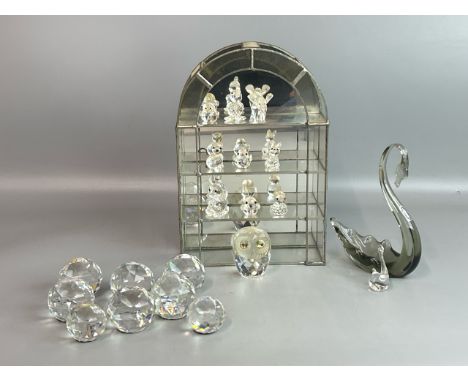 Ten small Swarovski crystal animals, Whitefriars glass Swan and a smaller glass Swan, eight glass animal themed paperweights 