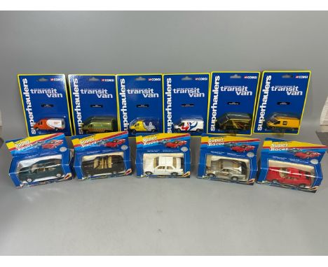 Six Corgi promotional transit vans (unopened) with five boxed diecast pull back cars / T7 