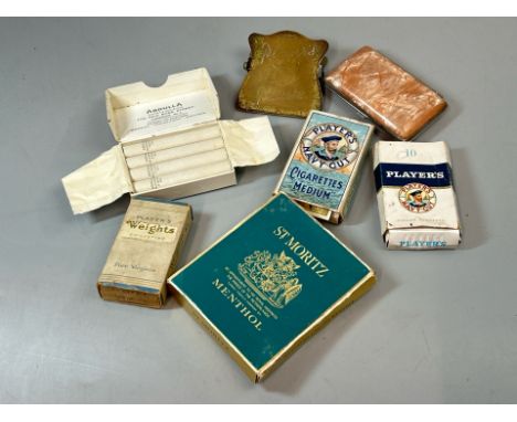 A small decorative cigarette case, Abdulla cigarettes (complete) and old cigarette boxes including Player, with a 'Players Pl