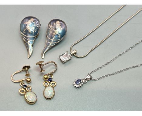 A pair of opal and sapphire drop earrings with screw fittings in hallmarked 9ct gold, opal dimensions approximately 7x5mm, gr