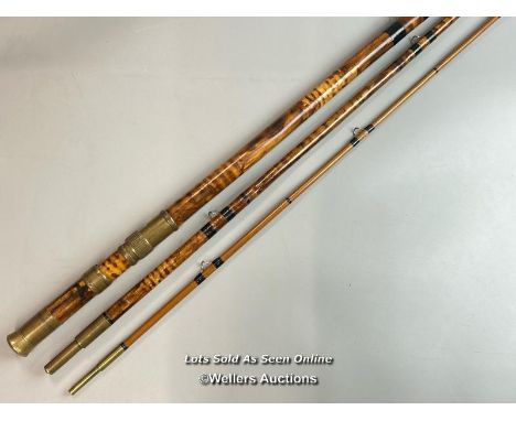 Antique Bowness &amp; Bowness 11’ 3pc whole cane / flamed bamboo butt &amp; middle , greenheart top rod, c1860 (B.J.A). Brass