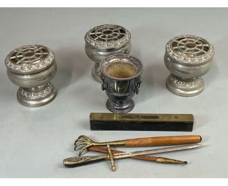 Small brass Bennett &amp; Burley spirit level, miniature brass rake, sword letter opener, Three matching silver plate rose bo