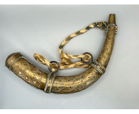 Antique brass North African powder horn with engraved decoration / T38 