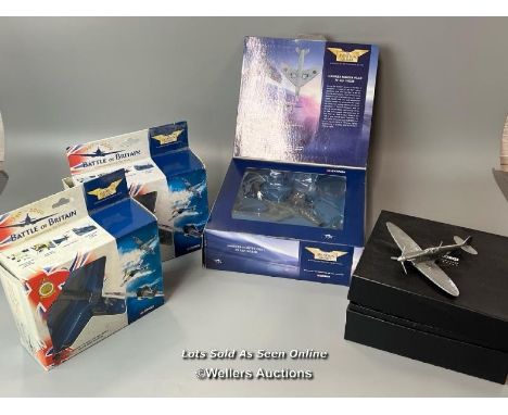 Four boxed Corgi 1:72 scale aviation models including Battle of Britain 1:72 scale diecast planes Spitfire MK1 and Hawker Hur