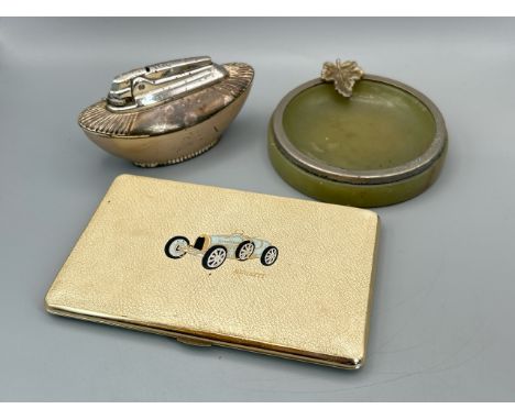 Vintage Bugatti cigarette case, Ronson table lighter and green onyx ashtray with leaf motif / T37