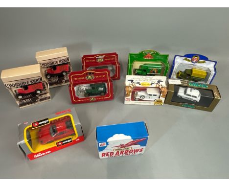 Ten assorted boxed model vehicles including Matchbox Red Arrows Hawk T Mk1A (sealed), Burago Ferrari F40 and advertising cars