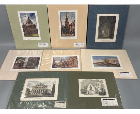 Eight antique prints and engravings including The Theatre Oxford, by F. Mackenzie, engraved by J. Le Keux / AN57