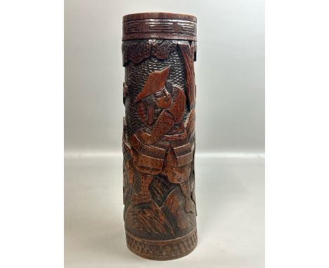 A large Chinese bamboo brush pot depicting warriors on horseback, 36cm high / T39