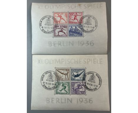 Two souvenir pages (8 stamps in total) of unused, unperforated commemorative stamps issued for the 1936 Berlin Olympic Games 