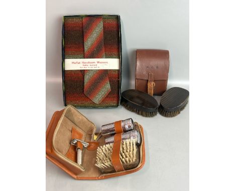 Moffat Handloom Weavers pure wool tie and scarf set unused, shoe brush set in leather case and a gents grooming set / T20