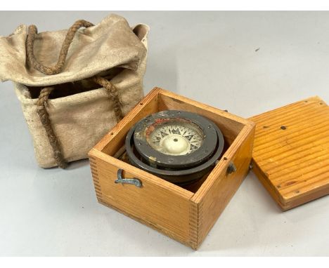 A Sestrel marine gimbal compass in wooden box with canvas case, numbered 1758, compass face diameter 6cm / AN33