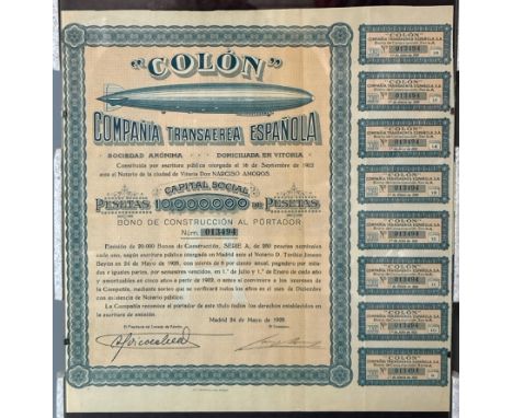 An original 1928 Spanish share certificate from the now-defunct “Colón” Compañía Transaérea Española Blimp Co., attractively 