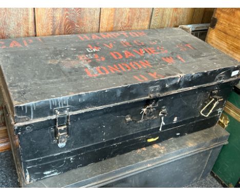 A military metal trunk, name reads "Capt Hampton", 34cm high, 89cm wide, 45cm deep
