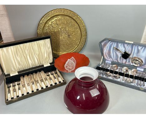 Brass decorative dish, cutlery set with mother of pearl handles, cased EPNS soup spoon and fork set, leaf pattern fruit bowl 