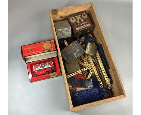 Box of old Meccano including a boxed electric motor no. E/16   with a boxed Matchbox Models of Yesteryear model bus (Lot subj