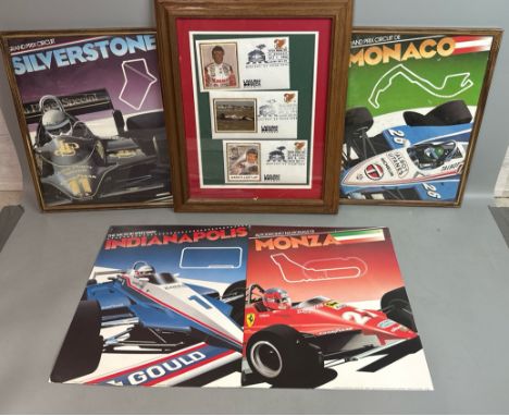 Motor Sport - four Athena 1980's Grand Prix circuit posters and three framed Laguna Seca first day covers / T13 