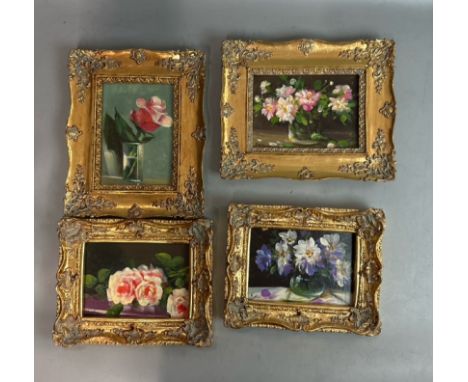 Four framed floral still life paintings by the same artist, signed indistinctly, oil on board, all 16 x11cm / AN57