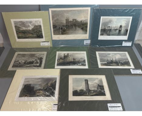 Seven antique engravings including Caernarvon Castle by J.M.W. Turner, engraved by W.Radclyffe, 1835 / AN57