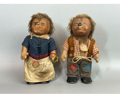 Two 1950's Steiff Mecki Hedgehogs with original labels, both in need of restoration, 17cm high / T10