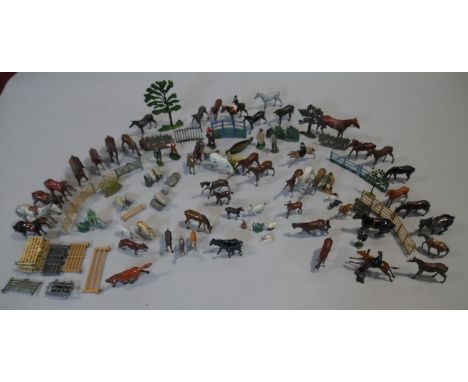 An extensive collection of vintage painted lead farmyard and sporting animals and people, around 100 individual pieces. H.15c