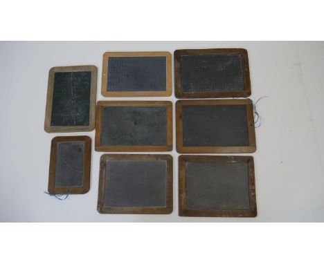 A collection of eight vintage wooden framed chalkboards, some slate. H.28 W.20cm (Largest) 