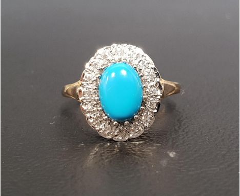 TURQUOISE AND DIAMOND CLUSTER RINGthe central oval cabochon turquoise in sixteen diamond surround, on nine carat gold shank, 