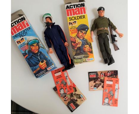 TWO VINTAGE ACTION MAN FIGURESby Palitoy, both in original boxes with manuals, both with eagle eyes and gripping hands, one a