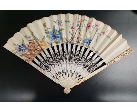 EARLY 19th CENTURY IVORY STICK FANwith pierced and painted sticks, the paper mount decorated with three panels depicting a Ch