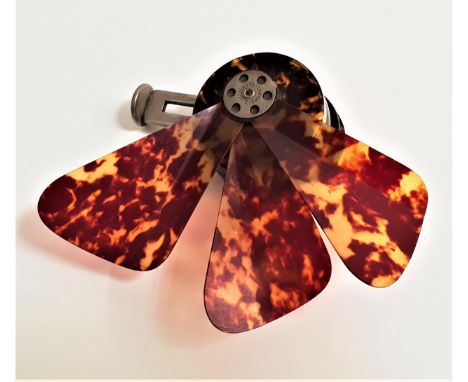 LA BRISE CELLULOID COMPACT POCKET FANwith a chrome manual lever and a circular mirror lid revealing a powder compartment 