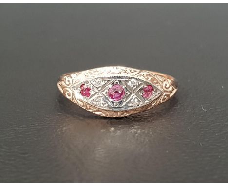 RUBY AND DIAMOND CLUSTER RINGthe three rubies separated by small diamonds, on nine carat gold shank, ring size L-M 