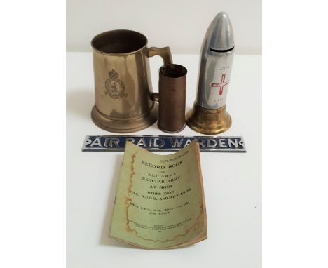 SELECTION OF MILITARY ITEMSincluding a metal sign 'Air Raid Warden', 22.5cm long, Record Book For All Arms Regular Army At Ho